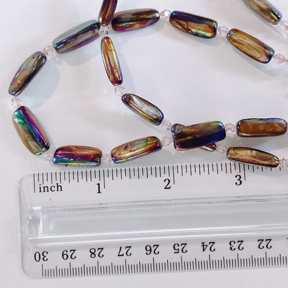 Y2K Iridescent Stick Pearl Necklace AB Resin Beads Long Layering Toggle Clasp - Picture 9 of 11